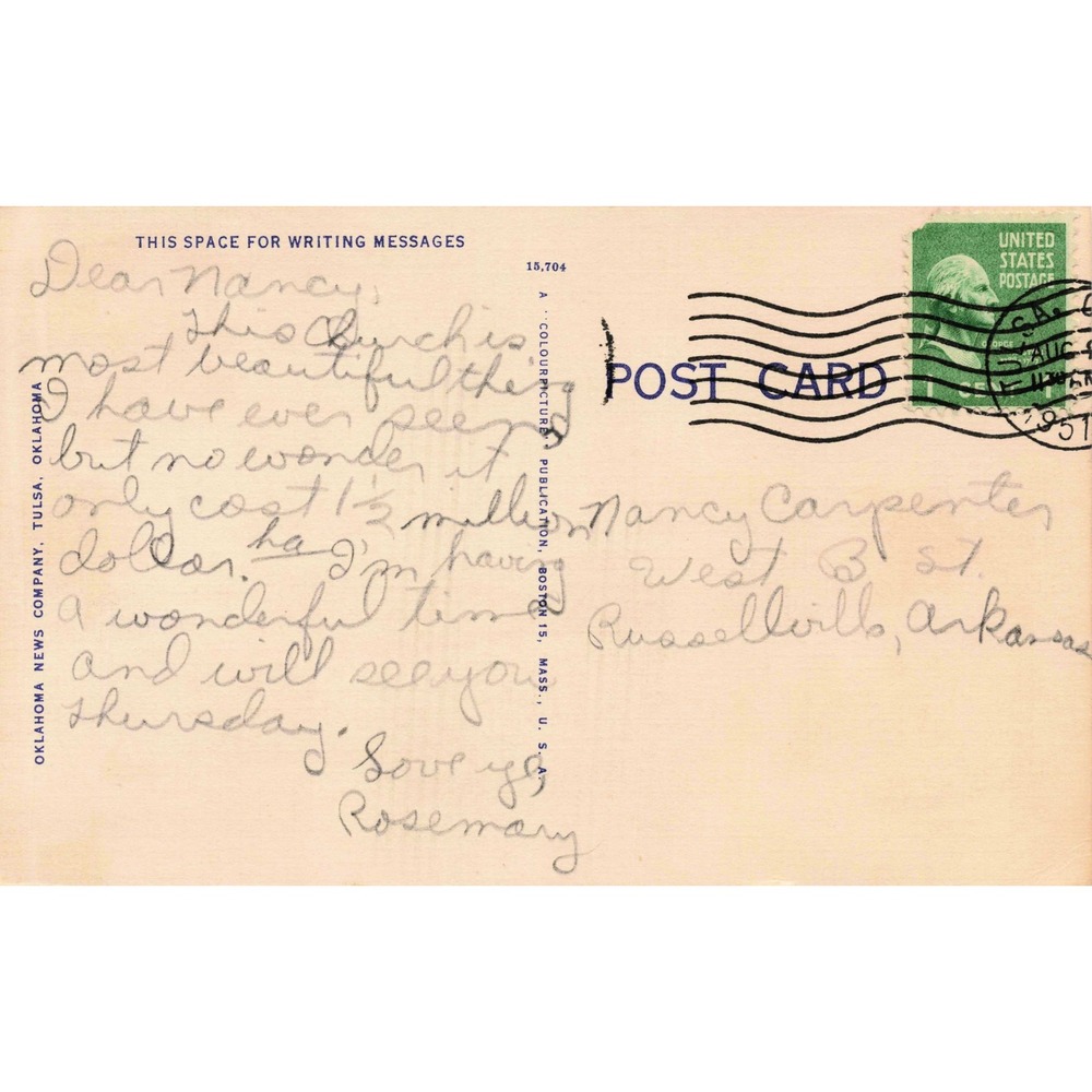 Boston Avenue Methodist Church Tulsa OK Art Deco Linen Postcard Postmarked 1951 - Picture 2 of 2